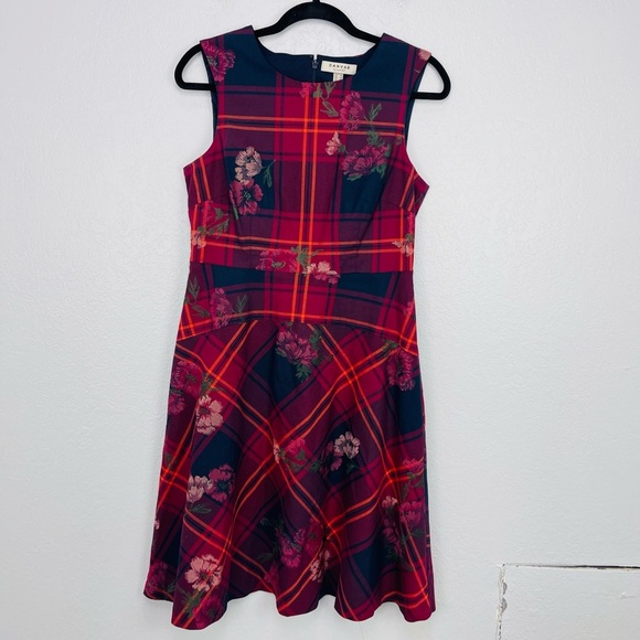 Lands’ End Canvas Red Blue Plaid Floral Embroidered Circle Fit & Flare Dress - Picture 2 of 6